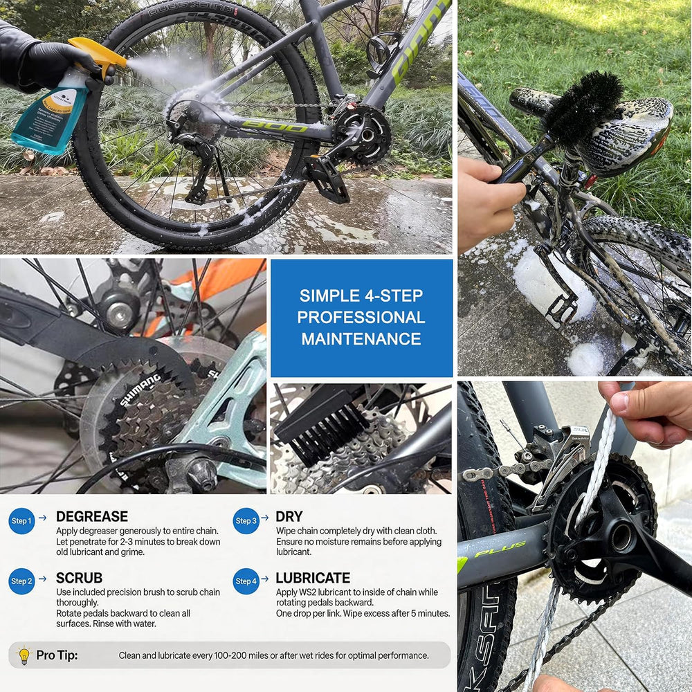 Bike Cleaning Kit, 8-Piece with Degreaser, 4 oz WS2 Lube & Chain Scrubber