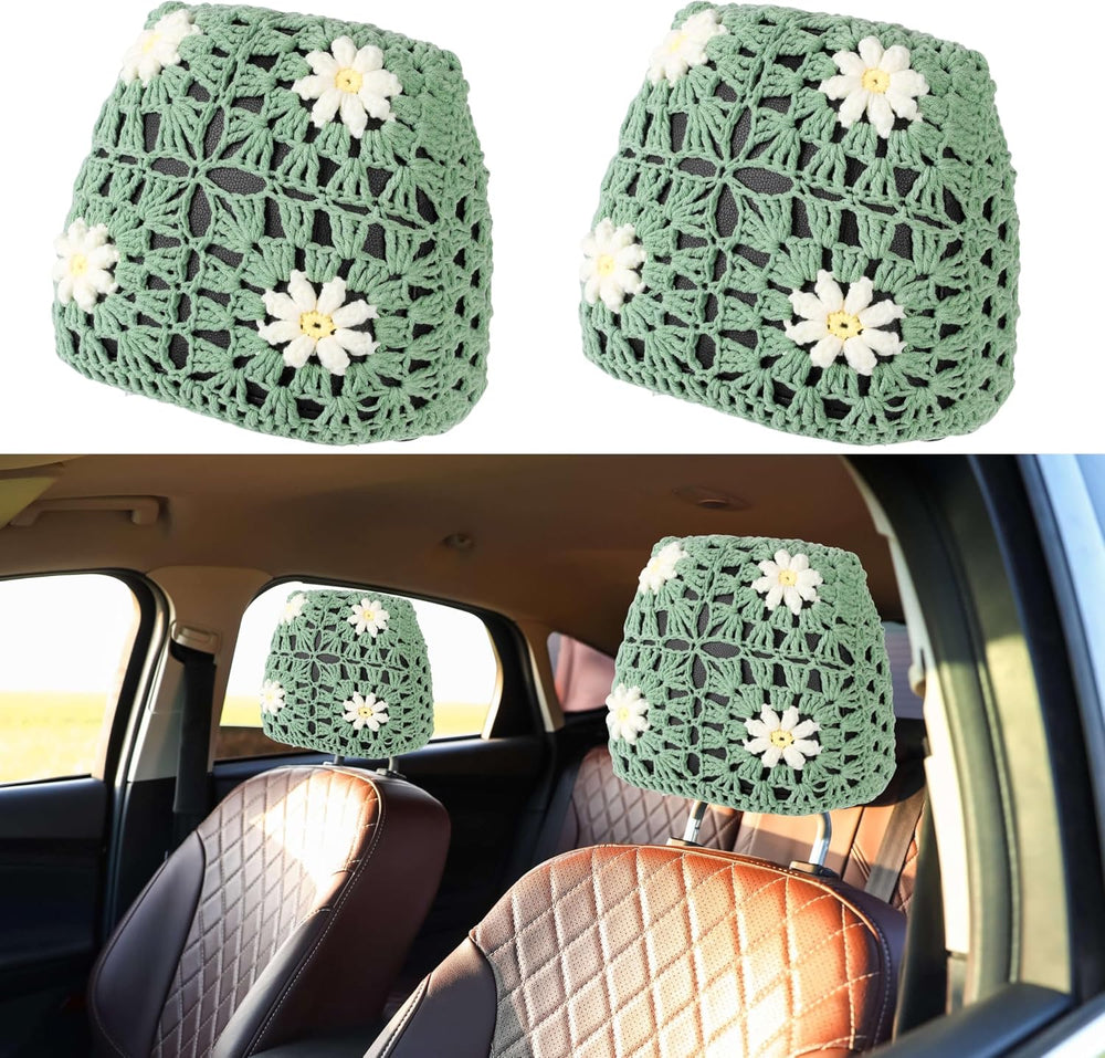 Crochet Seat Headrest Cover, Car Seat Pillow Protector, Cute Daisy Car Access...