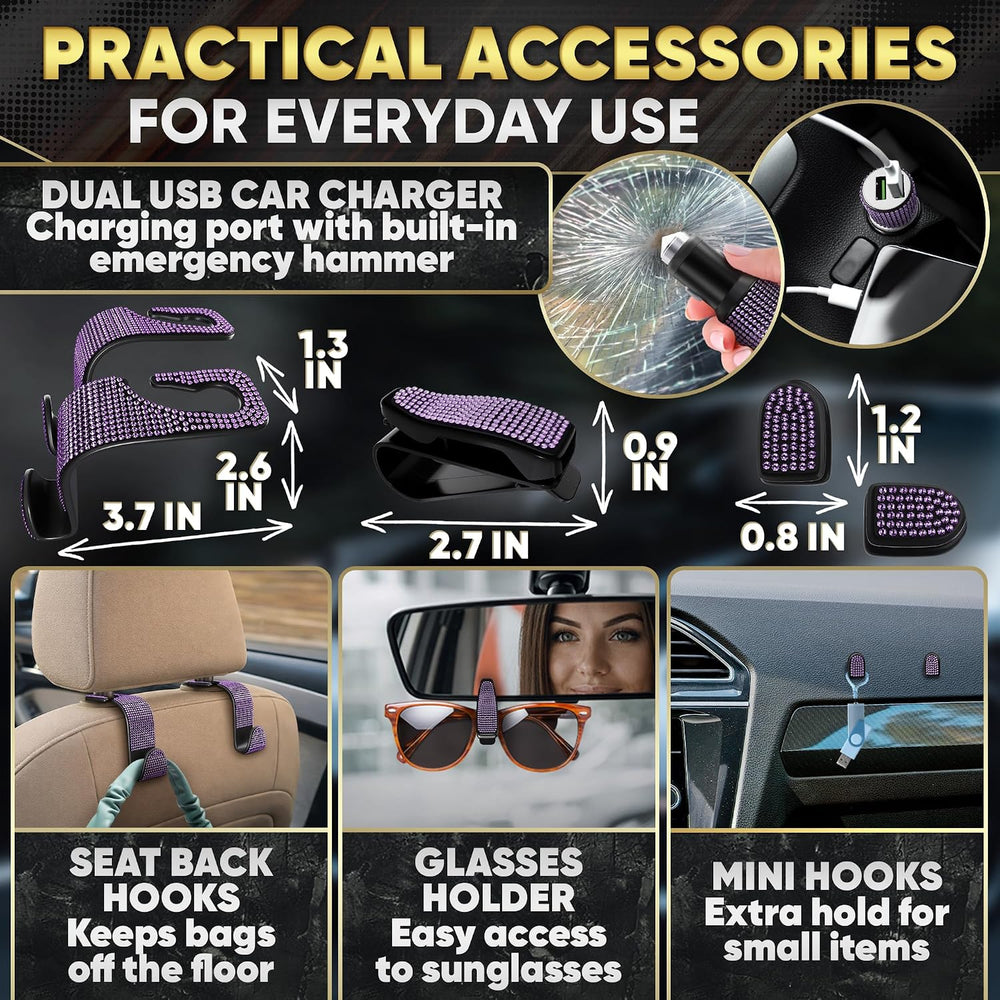 Purple Bling Car Accessories Set, 27 Pcs, for Women Drivers