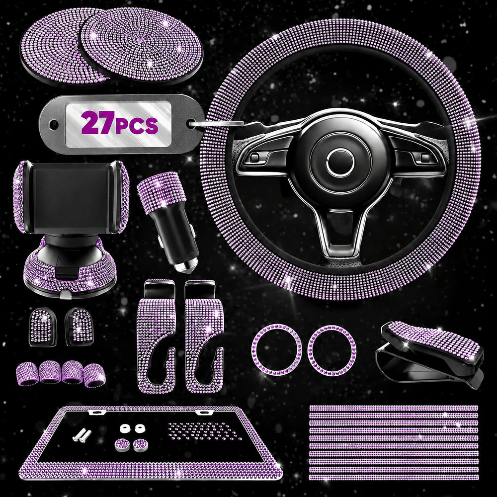 Purple Bling Car Accessories Set, 27 Pcs, for Women Drivers