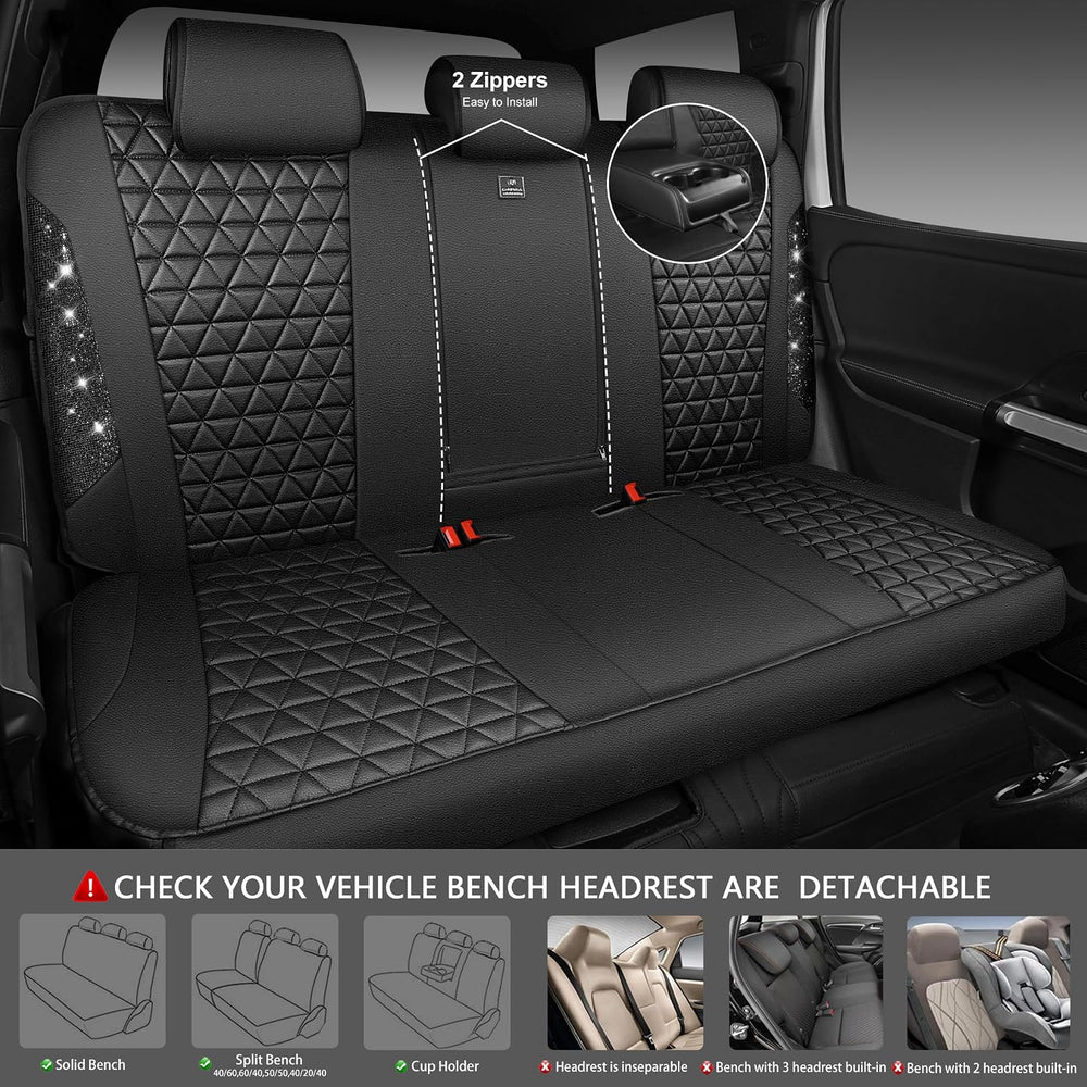 CAR PASS Bling Diamond Black Leather Car Seat Covers Full Sets Interior Sets,...